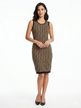 *Taylor Black Tan Houndstooth Midi Sheath Dress Sleeveless S
